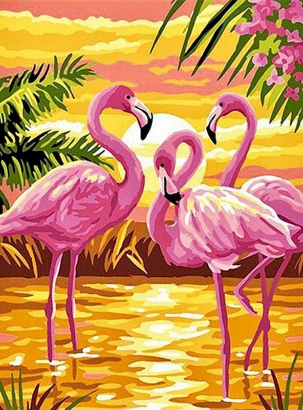 Drie Flamingo's bij Zonsondergang Schilderen op Nummers