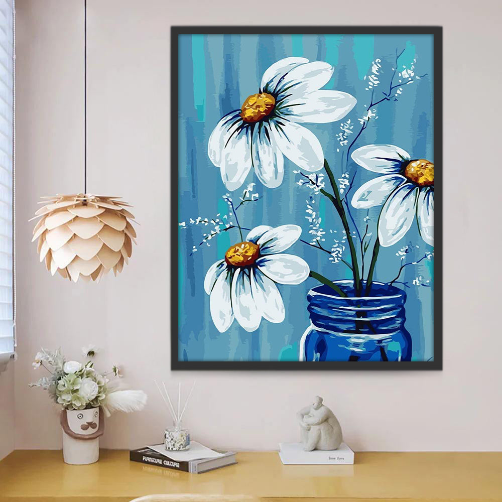 Drie Grote Witte Chrysanten tegen een Blauwe Achtergrond Schilderen op Nummers