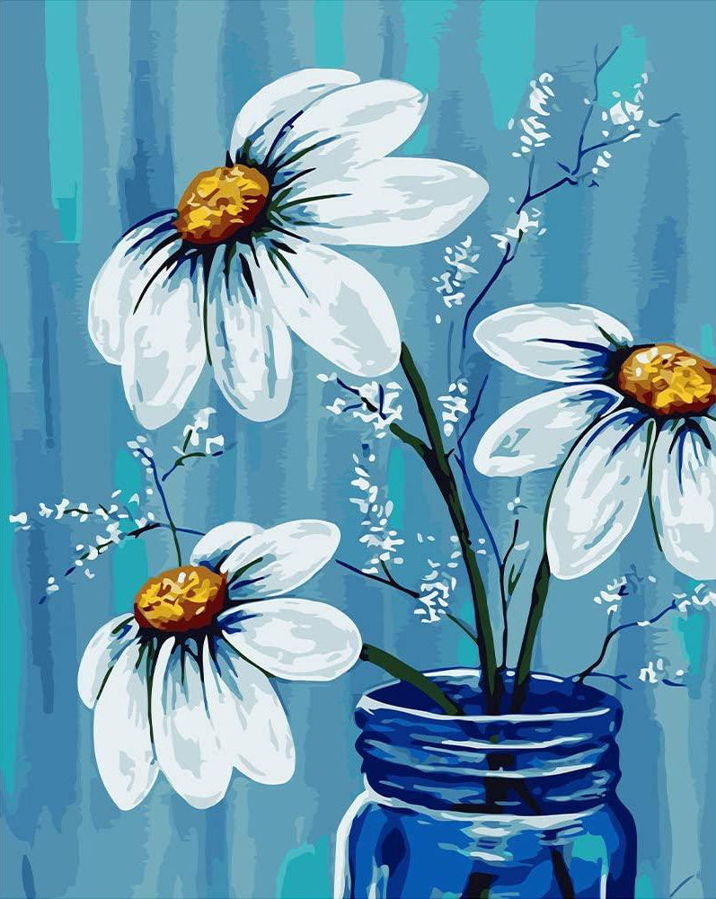 Drie Grote Witte Chrysanten tegen een Blauwe Achtergrond Schilderen op Nummers