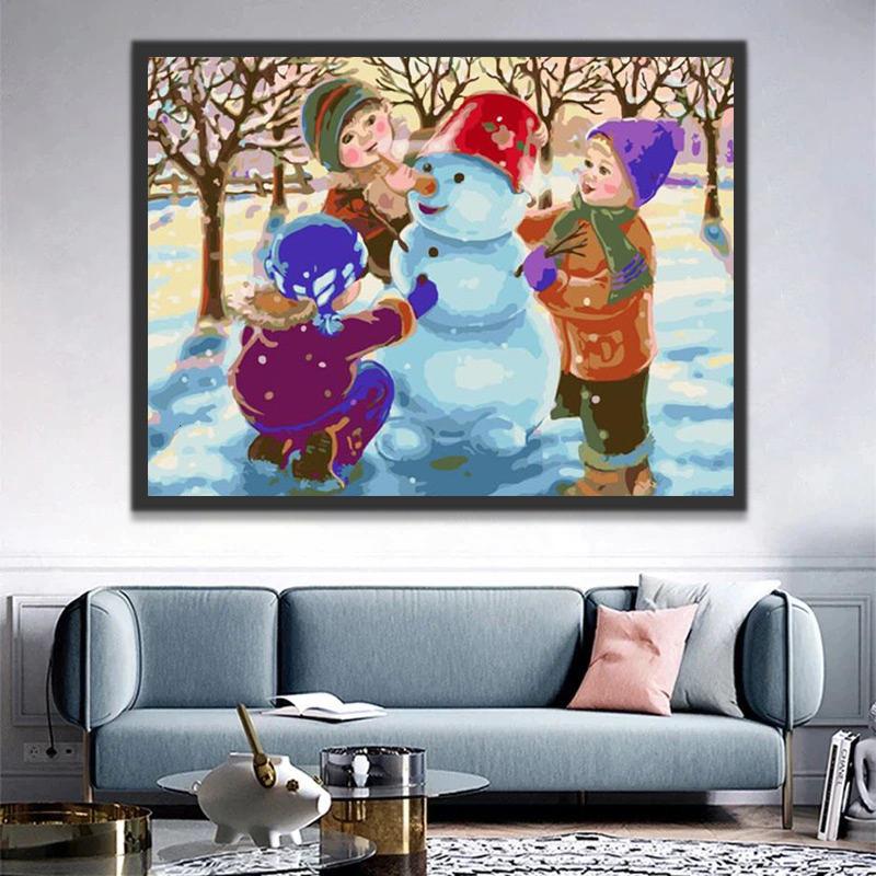 Drie Kinderen Bouwen een Kerst-sneeuwpop Schilderen op Nummers