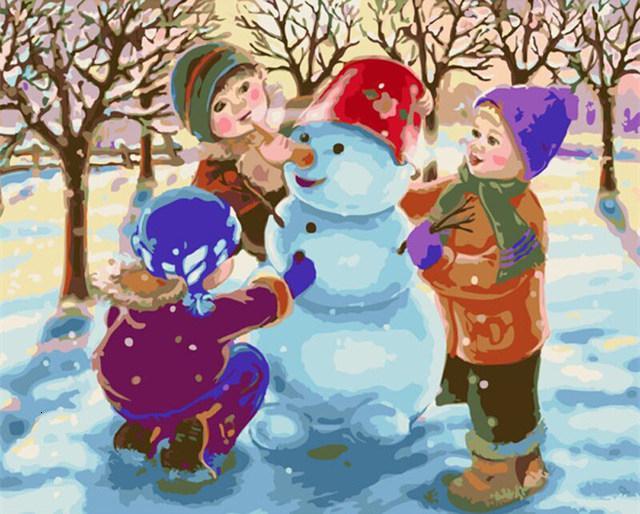Drie Kinderen Bouwen een Kerst-sneeuwpop Schilderen op Nummers