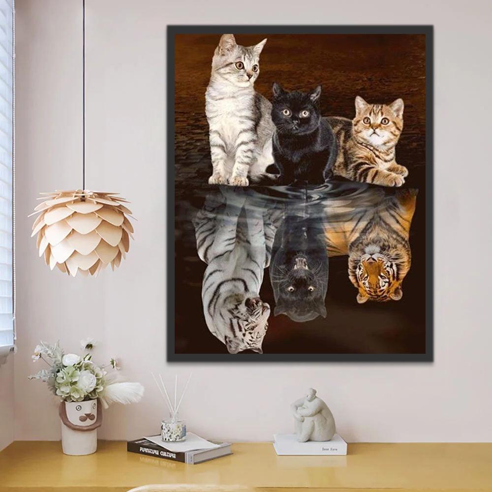 Drie Kittens en Weerspiegeling in het Water Schilderen op Nummers