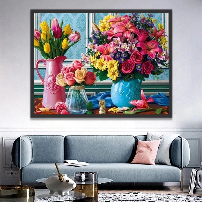 Drie Kleurrijke Potbloemen Schilderen op Nummers