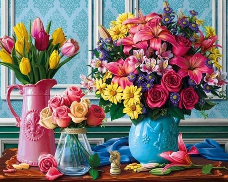 Drie Kleurrijke Potbloemen Schilderen op Nummers