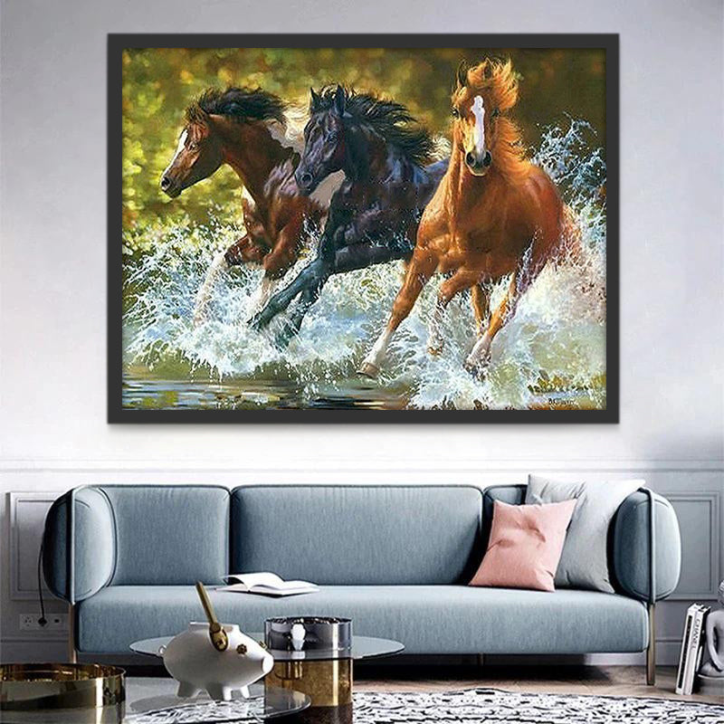 Drie Paarden Galopperen in het Water Schilderen op Nummers