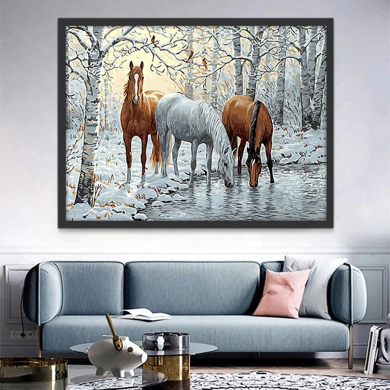 Drie Paarden in het Besneeuwde Bos Schilderen op Nummers
