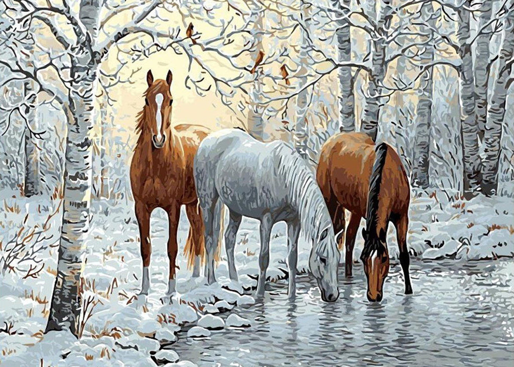 Drie Paarden in het Besneeuwde Bos Schilderen op Nummers
