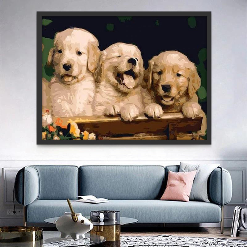 Drie Schattige Kleine Golden Retrievers Schilderen op Nummers