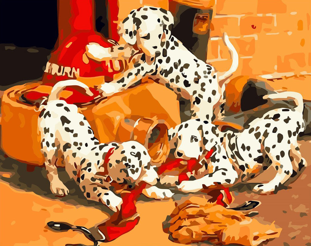 Drie Speelse Gevlekte Honden Schilderen op Nummers