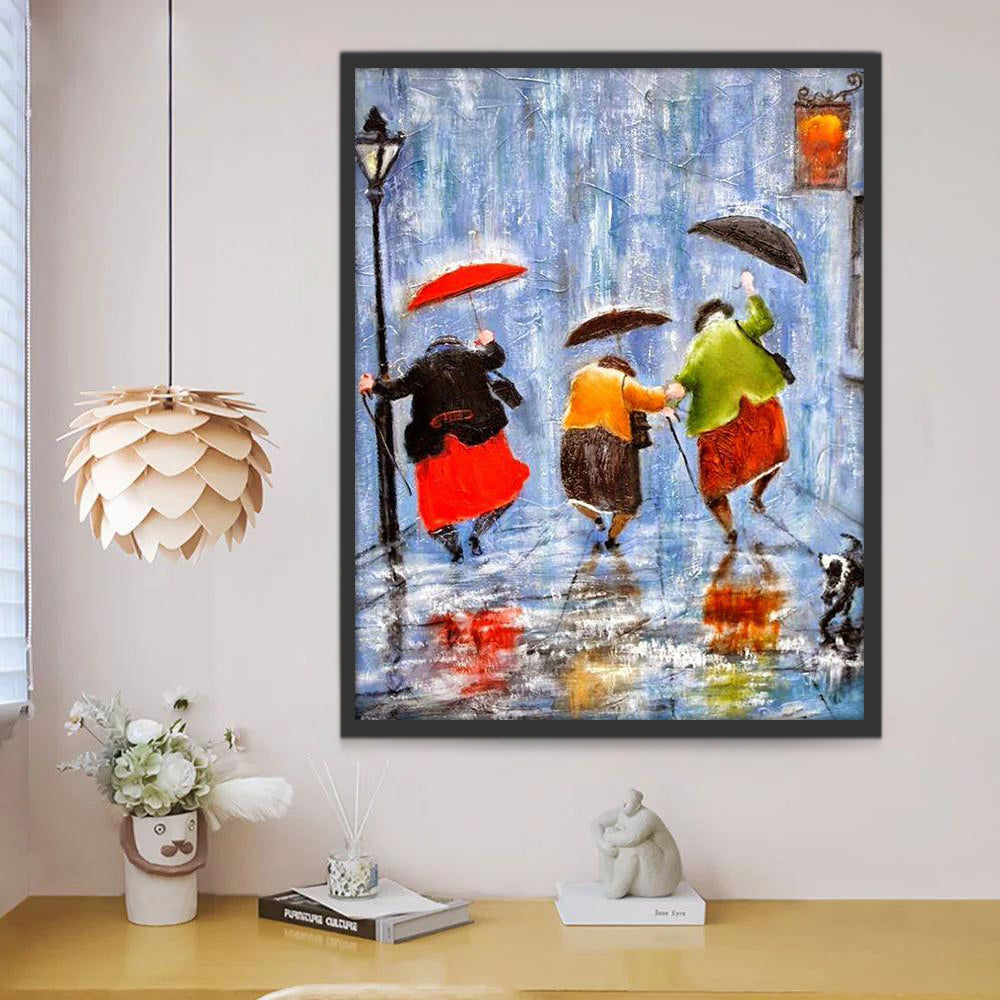 Drie Voorbijgangers met Paraplu's in de Regen Schilderen op Nummers