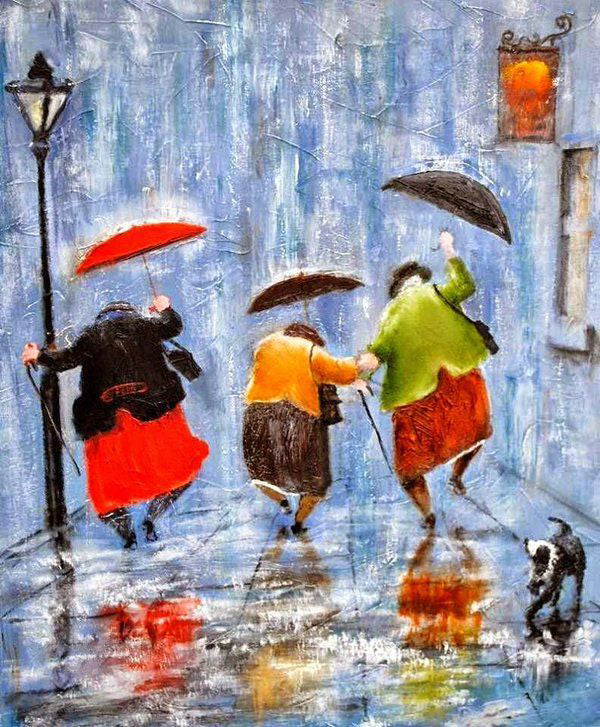 Drie Voorbijgangers met Paraplu's in de Regen Schilderen op Nummers