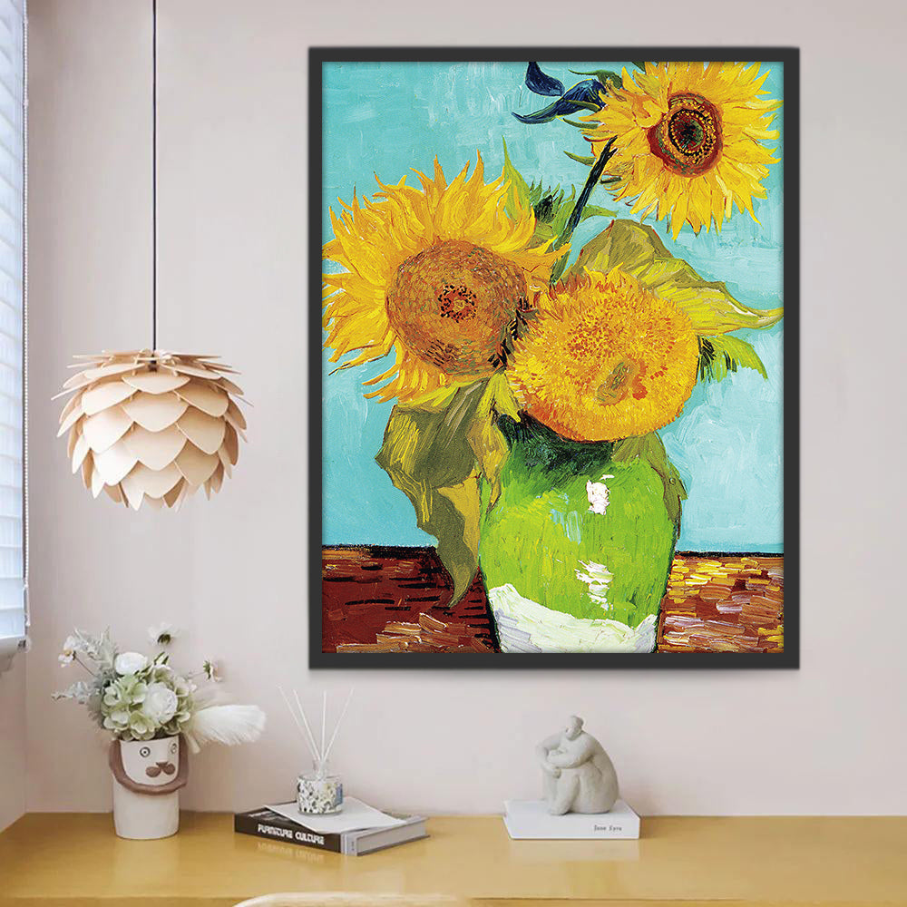 Drie Zonnebloemen op een Lichtblauwe Achtergrond Schilderen op Nummers