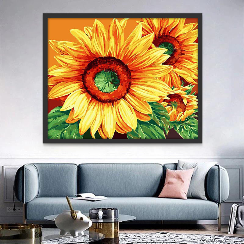 Drie Zonnebloemen op een Oranje Achtergrond Schilderen op Nummers