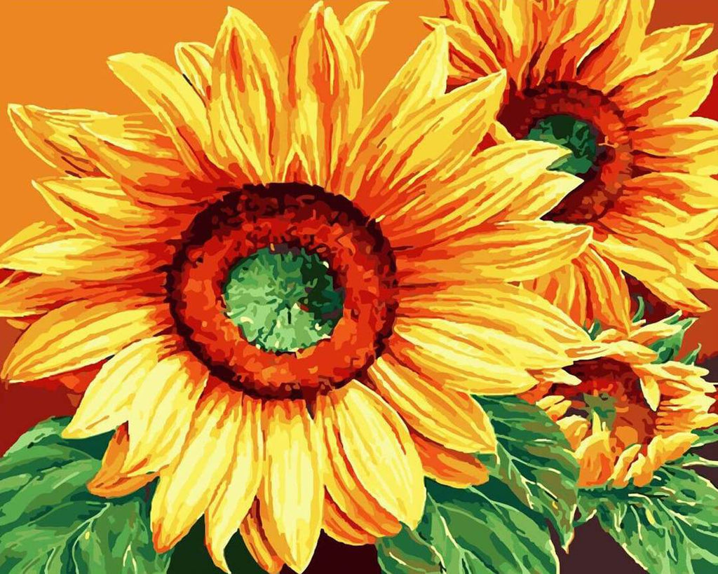 Drie Zonnebloemen op een Oranje Achtergrond Schilderen op Nummers