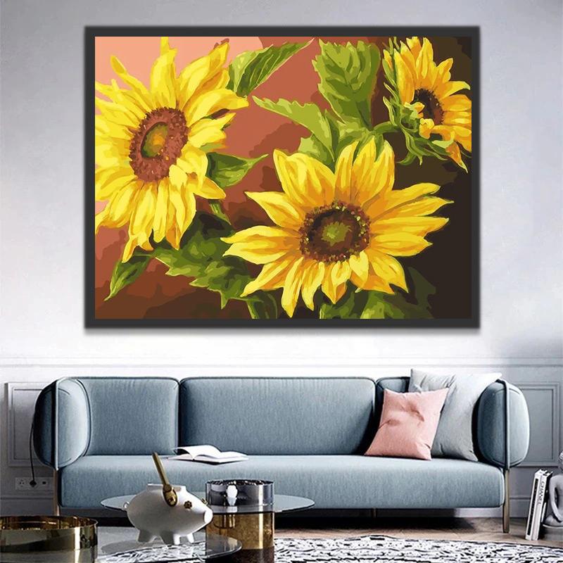 Drie Zonnebloemen op een Rode Achtergrond Schilderen op Nummers