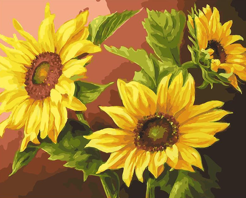 Drie Zonnebloemen op een Rode Achtergrond Schilderen op Nummers