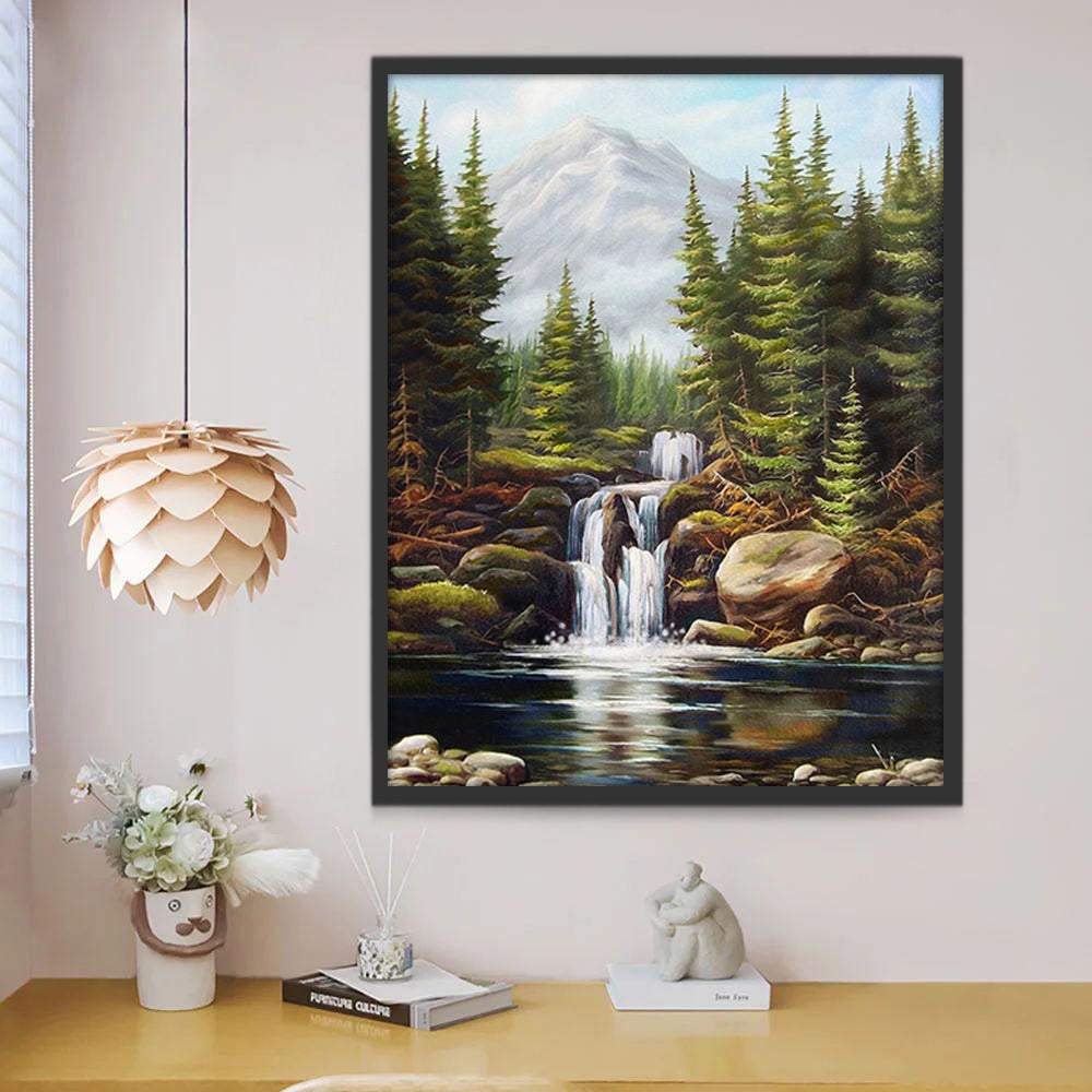 Een Betoverend Bergbeekgezicht met Waterval Schilderen op Nummers