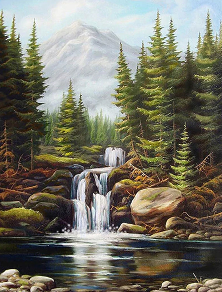 Een Betoverend Bergbeekgezicht met Waterval Schilderen op Nummers