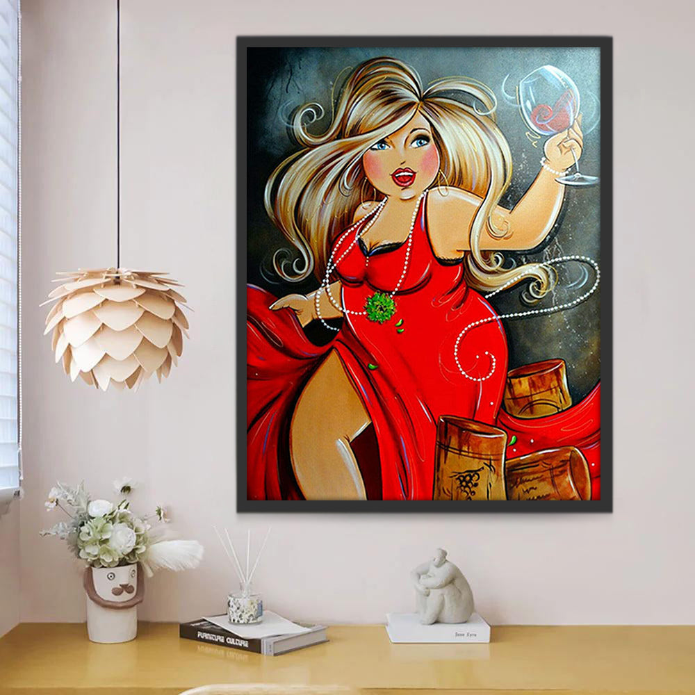 Een Blondine in een Vuurrode Jurk Schilderen op Nummers