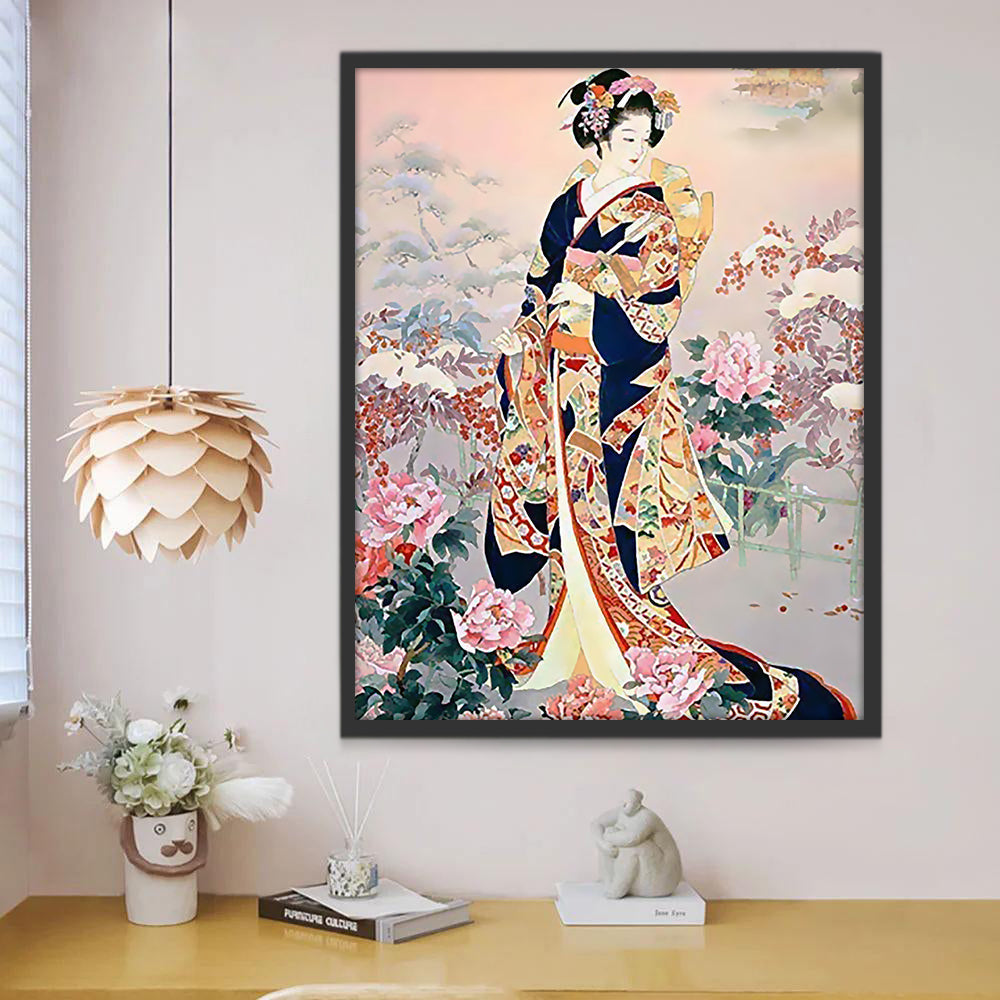 Een Dame Gekleed in Traditionele Kimono Schilderen op Nummers