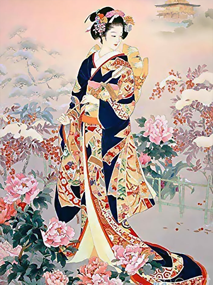 Een Dame Gekleed in Traditionele Kimono Schilderen op Nummers