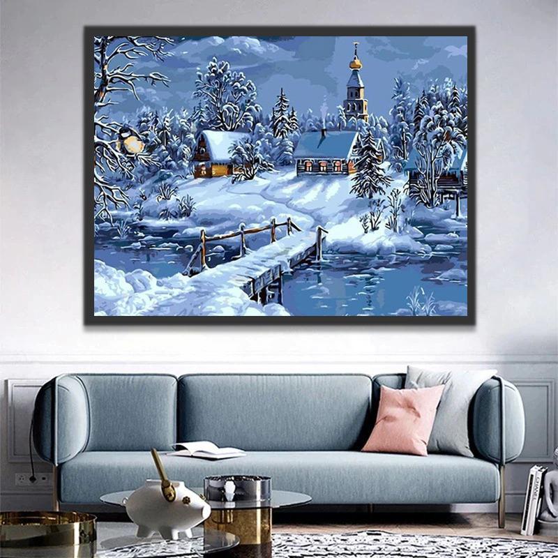 Een Dorp bij de Rivier in een Besneeuwde Nacht Schilderen op Nummers