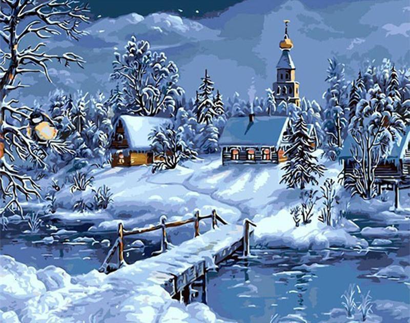 Een Dorp bij de Rivier in een Besneeuwde Nacht Schilderen op Nummers