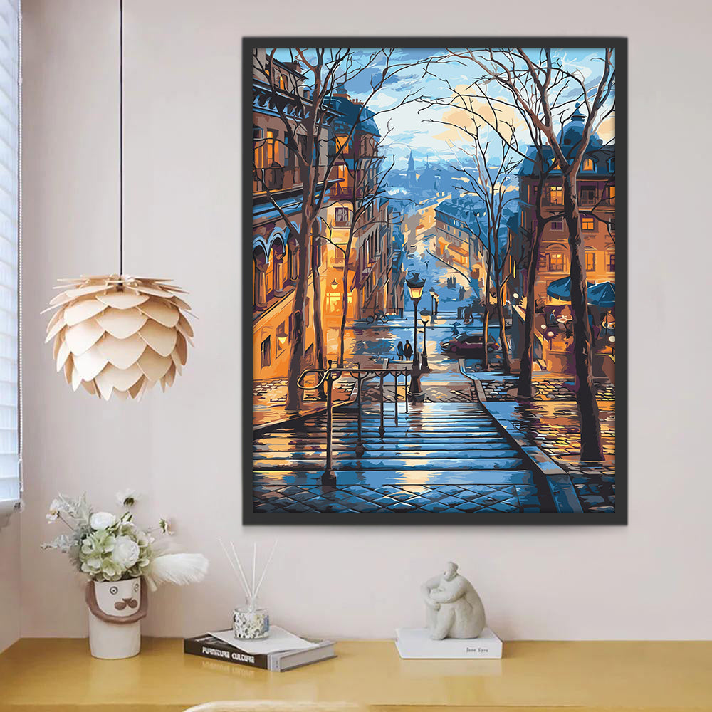 Een Glimmende Straat in de Regen Schilderen op Nummers
