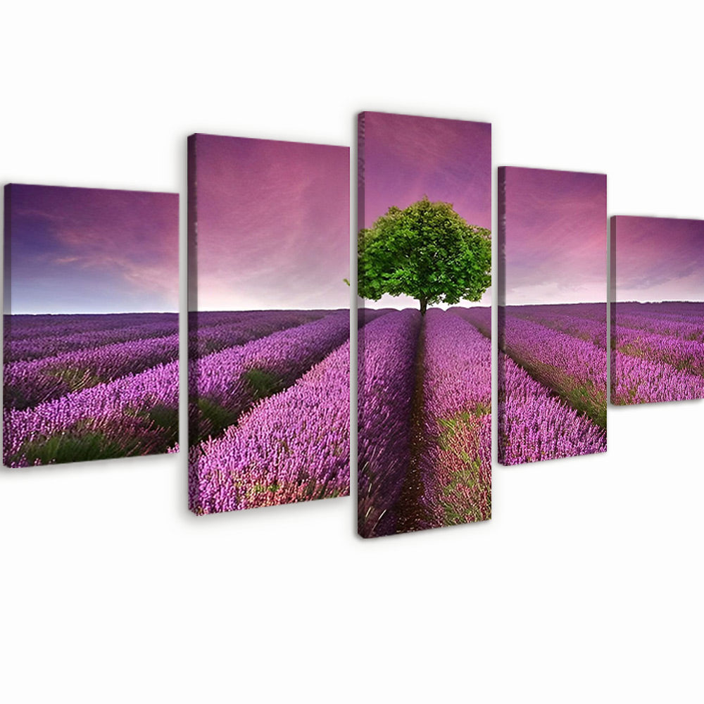 Een Groene Boom in een Paars Lavendelveld 5 Platen Schilderen op Nummers