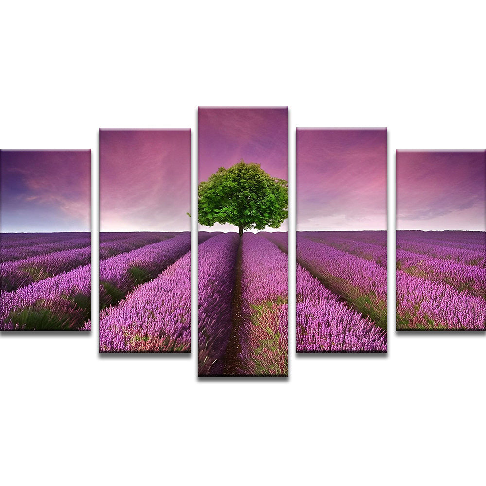Een Groene Boom in een Paars Lavendelveld 5 Platen Schilderen op Nummers
