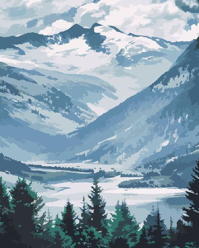 Een Groep Bergen en Bomen Schilderen op Nummers