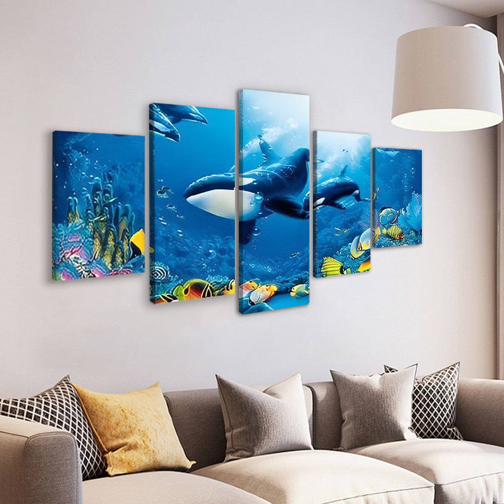 Een Groep Blauwe Vinvissen 5 Platen Schilderen op Nummers