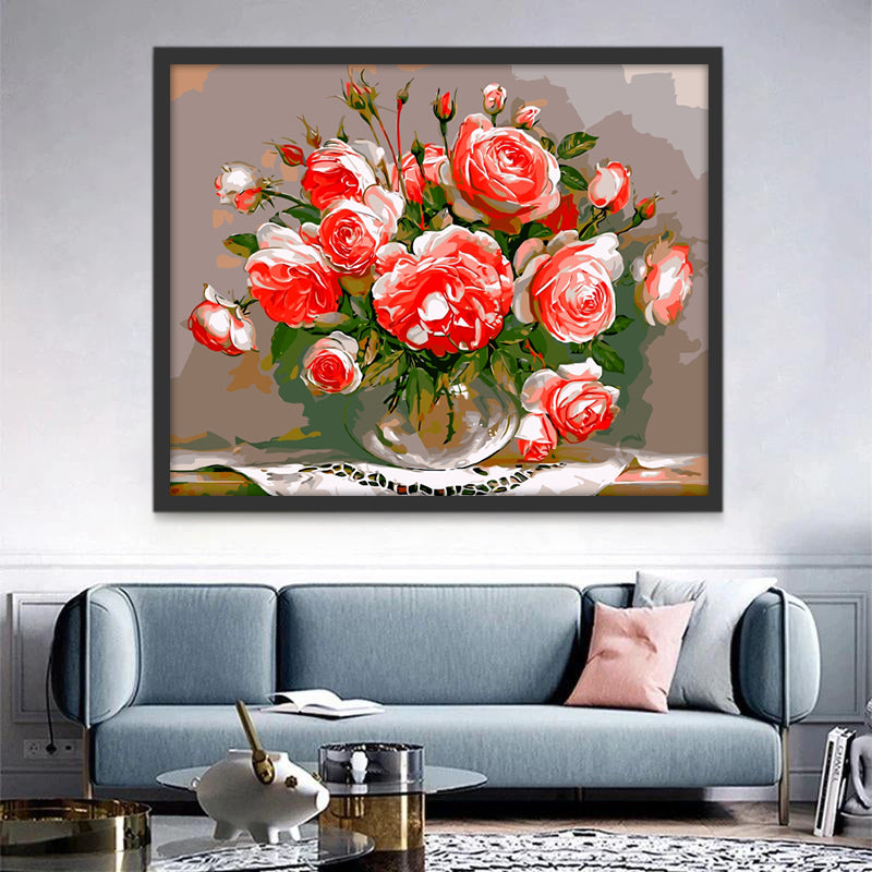 Een Groot Boeket Roze Rozen in een Vaas Schilderen op Nummers