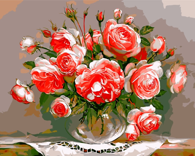 Een Groot Boeket Roze Rozen in een Vaas Schilderen op Nummers