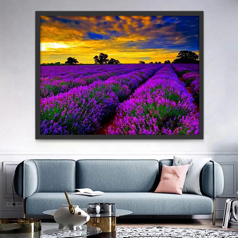 Een Groot Veld Lavendelbloemen Schilderen op Nummers