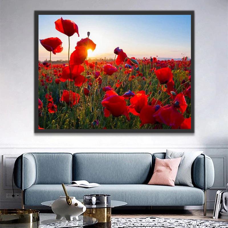 Een groot veld met rode bloemen en gras Schilderen op Nummers