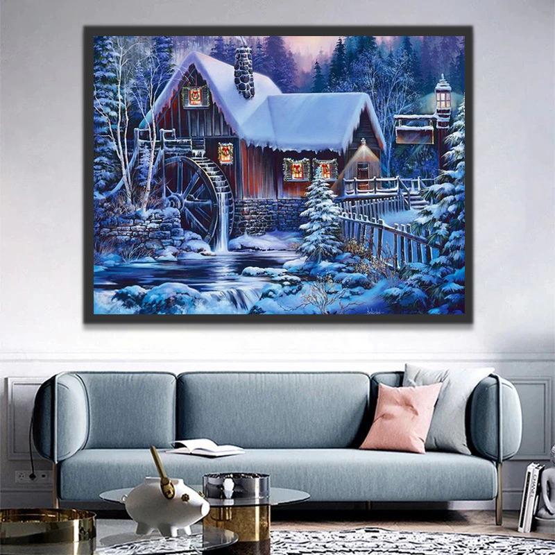 Een Huis en een Waterrad in een Winternacht Schilderen op Nummers