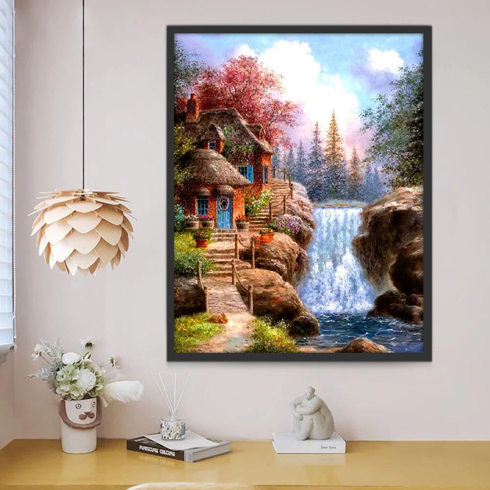 Een Huisje bij de Waterval Schilderen op Nummers