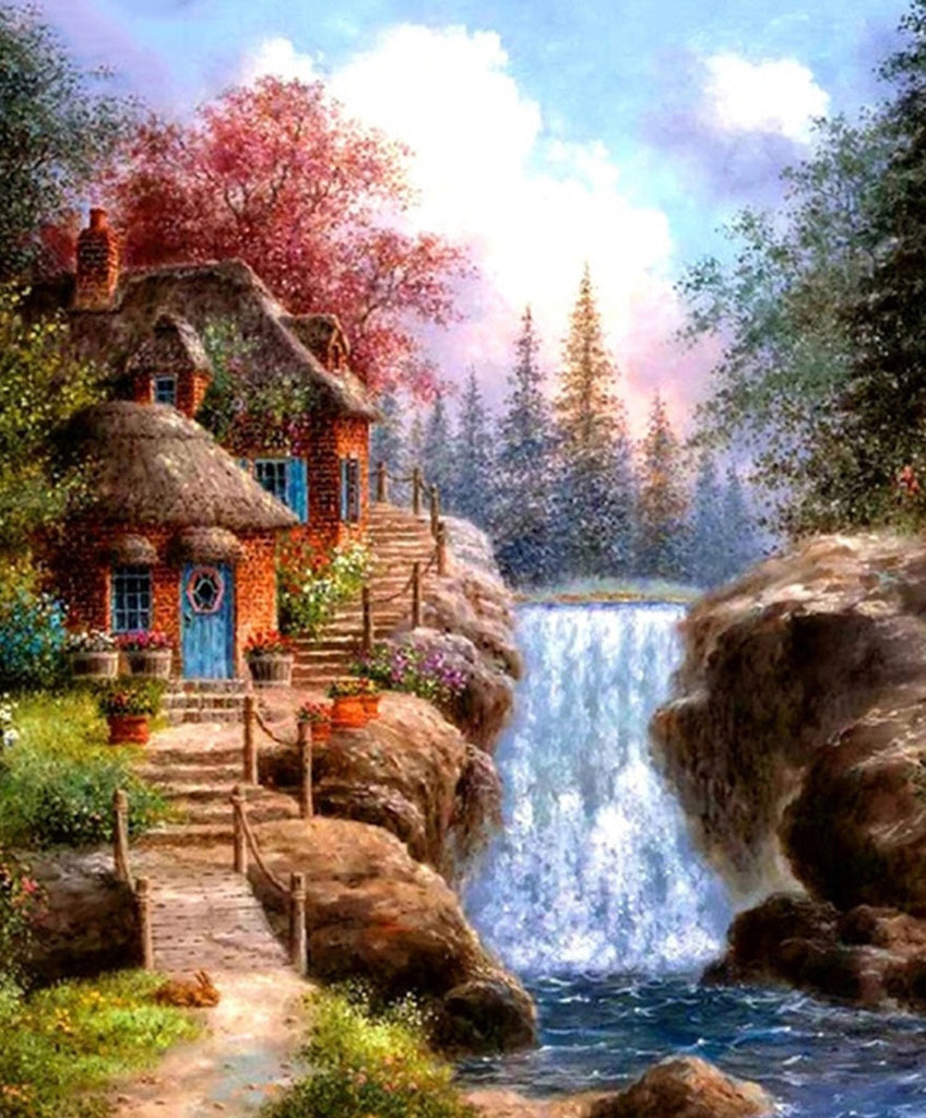 Een Huisje bij de Waterval Schilderen op Nummers