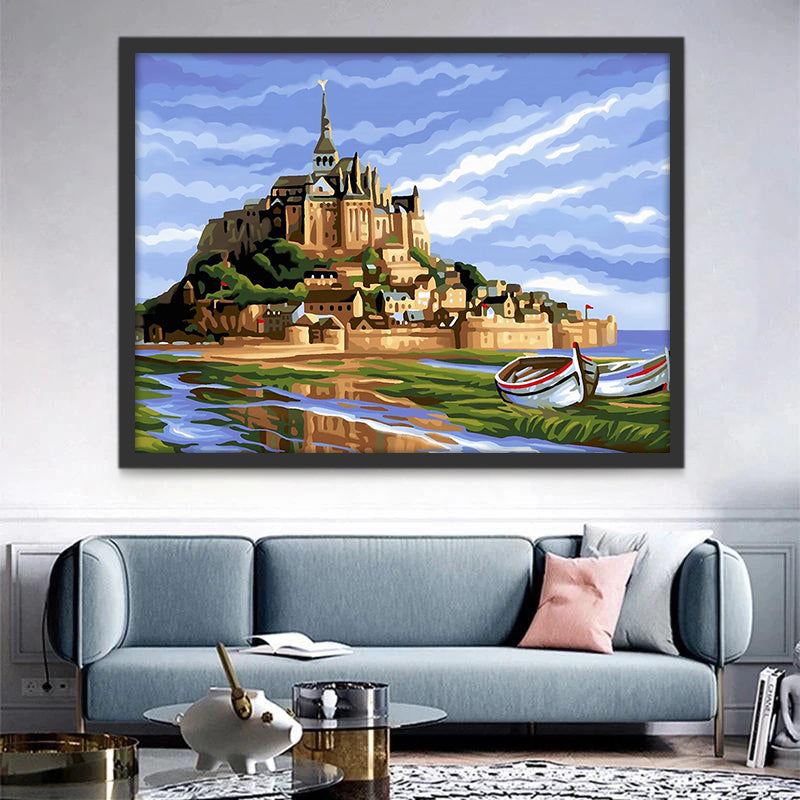 Een Kasteel in de Verte en Boten aan de Kust Schilderen op Nummers