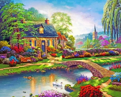 Een Klein Huisje met Bloemen in de Buurt Schilderen op Nummers