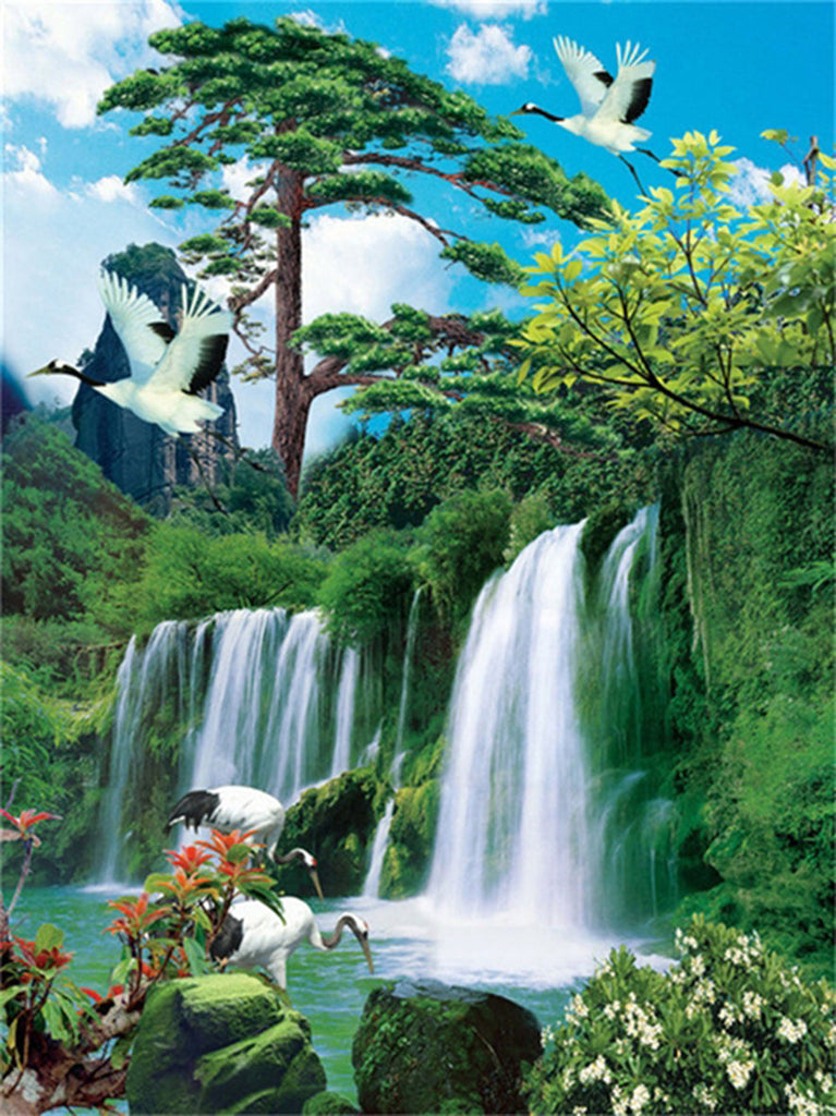 Een Levendig Natuurtafereel met Waterval, Bomen en Vogels Schilderen op Nummers
