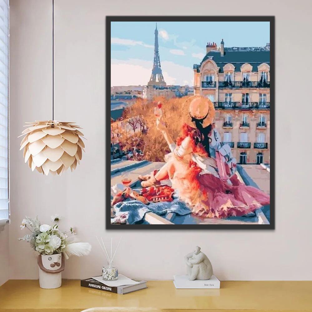 Een Meisje bekijkt de Parijse Toren van een Afstandje Schilderen op Nummers