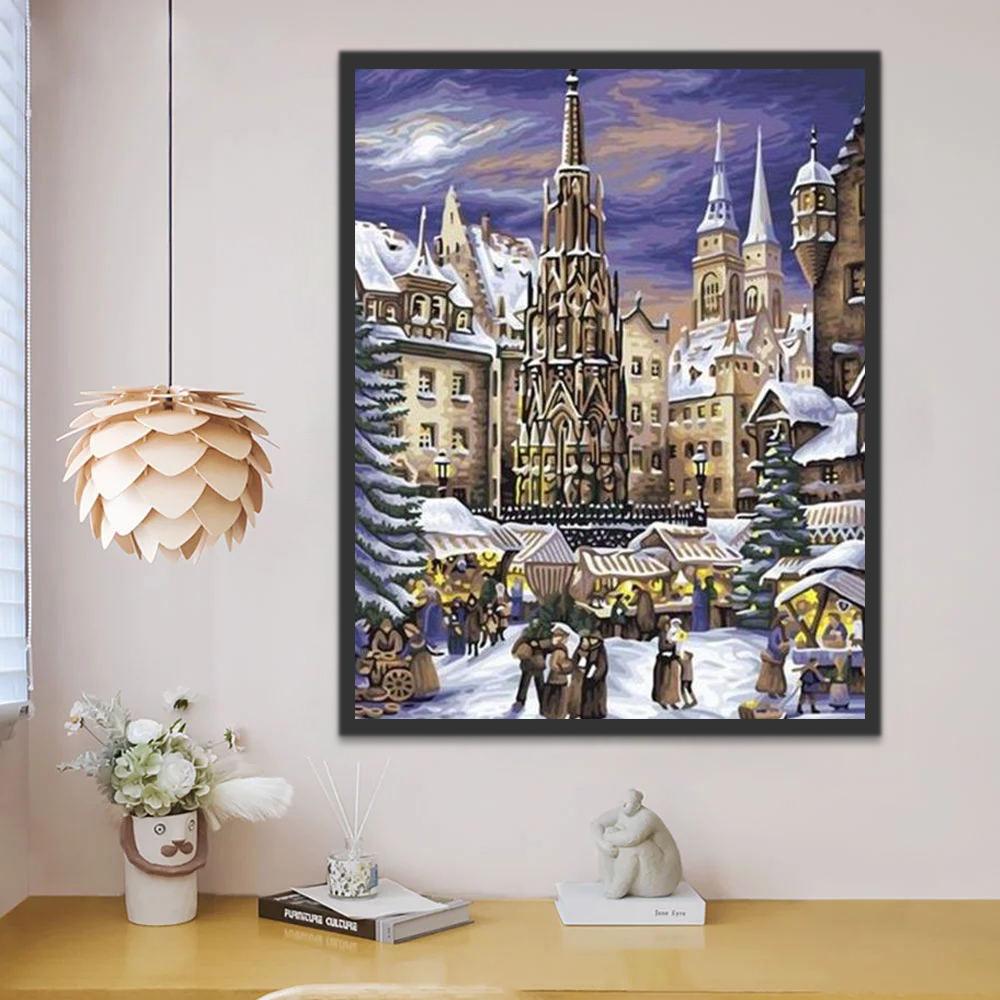 Een met Sneeuw Bedekt Oud Stadje Schilderen op Nummers