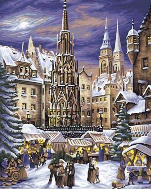 Een met Sneeuw Bedekt Oud Stadje Schilderen op Nummers
