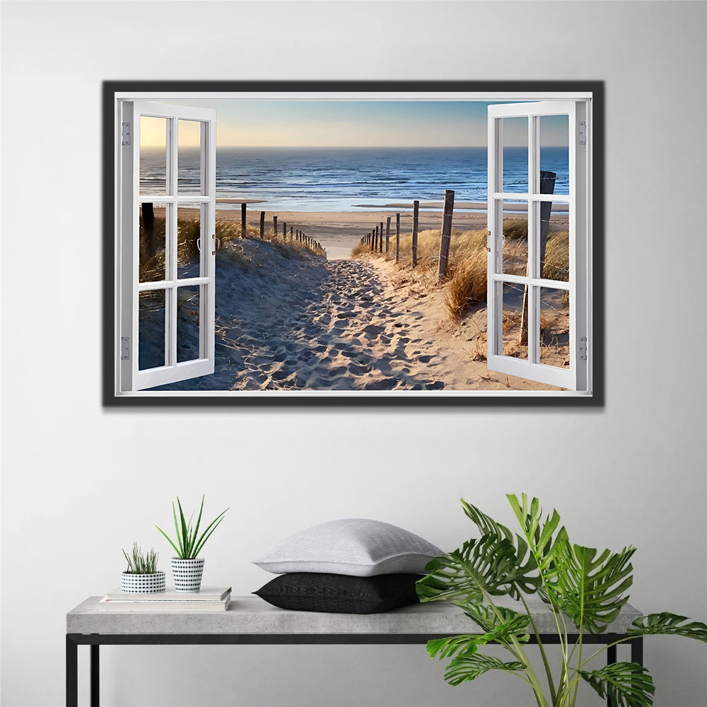 Een Open Raam naar een Zandpad naar het Strand Schilderen op Nummers