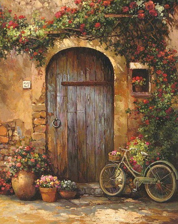 Een Oude Houten Deur Omringd Door Bloemen en een Fiets Schilderen op Nummers