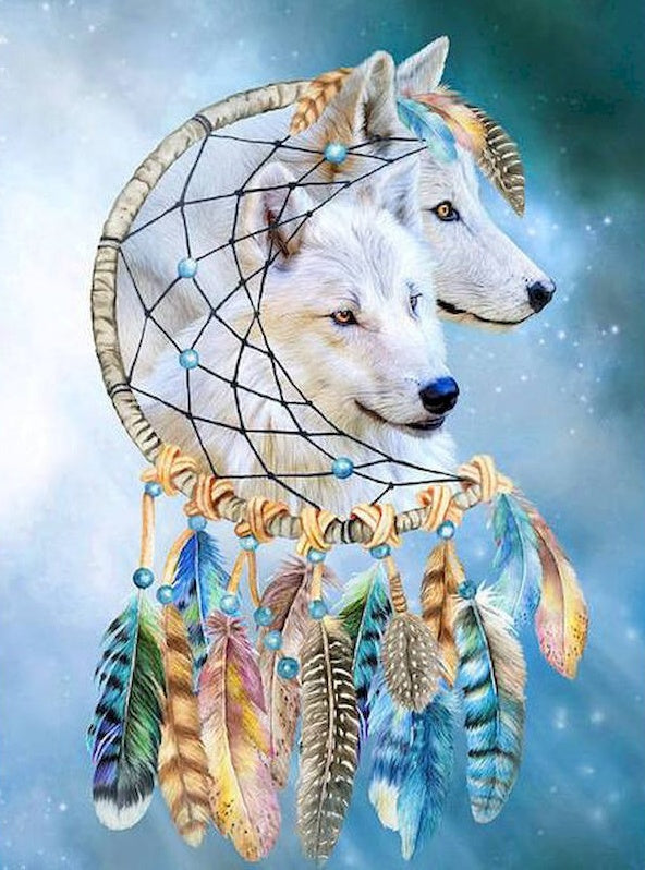 Een Paar Witte Wolven en Dromenvanger Schilderen op Nummers