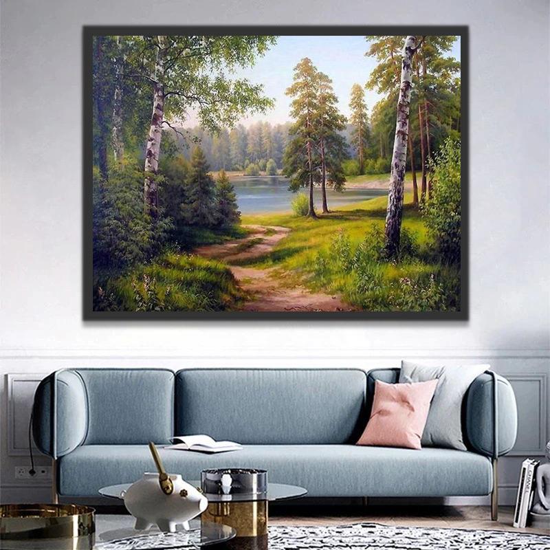 Een Pad door het Bos naar een Meer Schilderen op Nummers