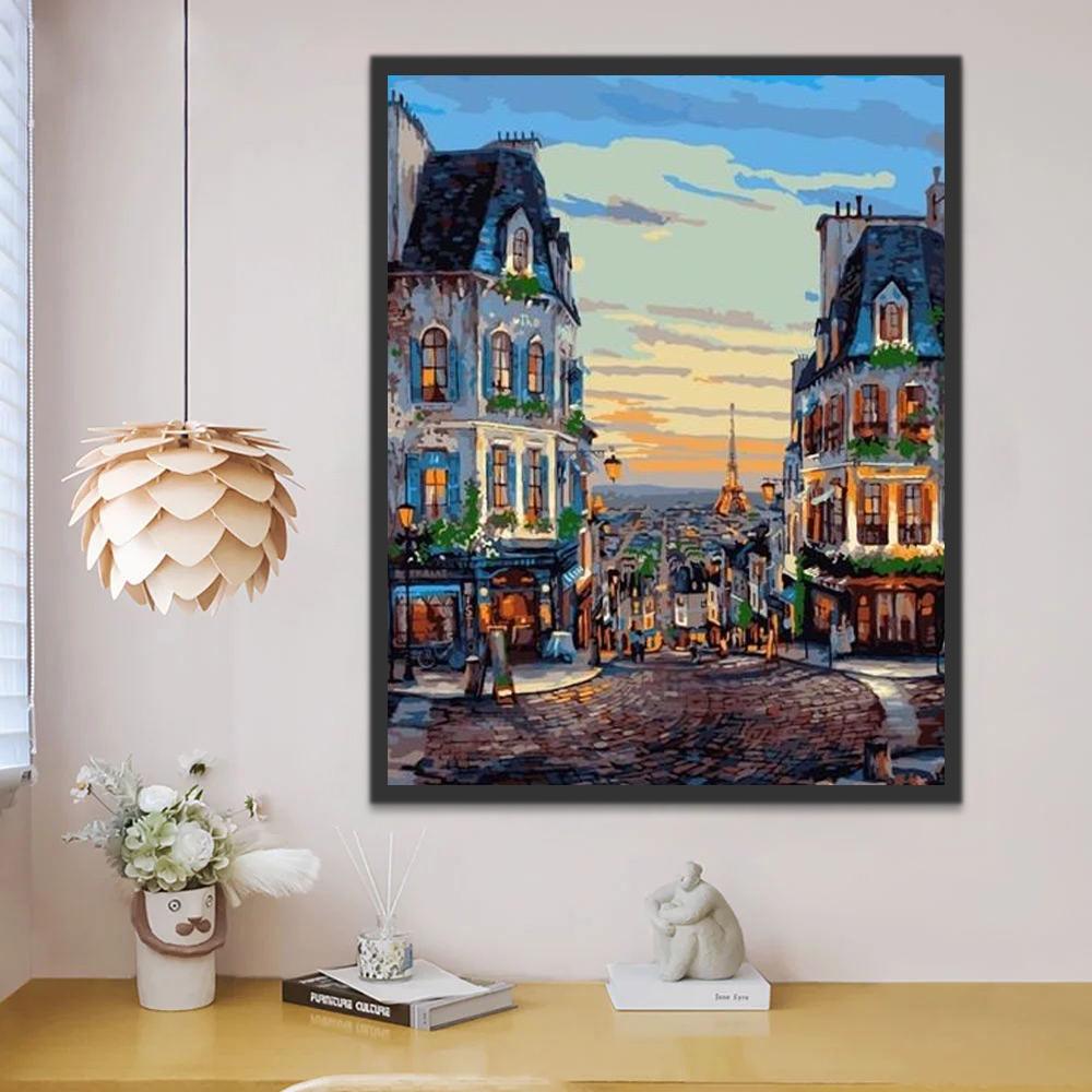 Een Pittoreske Straat in Parijs bij Zonsondergang Schilderen op Nummers